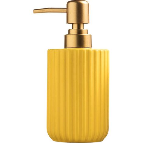 Chic Distributeur de savon en forme de cylindre, design à rayures verticales avec pompe dorée, distributeur de lotion en céramique (jaune) (1/5)