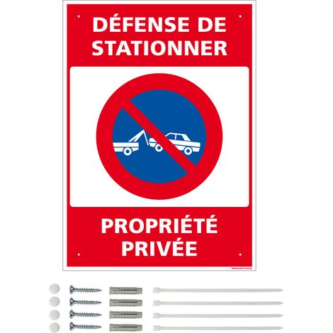 Panneau de signalisation prépercé PVC ou ALU rectangulaire + kit de fixation - Défense de stationner, propriété privée - PVC 1 mm - 300 x 420 mm