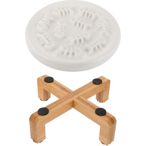 Comedero de cerámica elevado de alimentación lenta con soporte de madera (1/5)