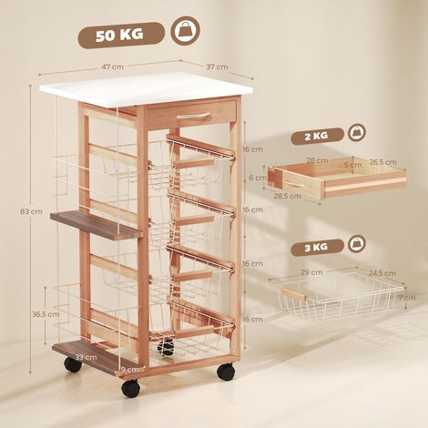 Desserte cuisine à roulettes avec tiroir, 4 paniers et étagères latérales, 47 x 37 x 83 cm, blanc et marron (1/5)