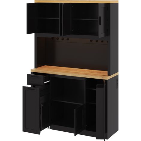 Armadio da cucina 120x40x182 cm in MDF nero e legno con LED e prese - MEUBLIV (1/5)