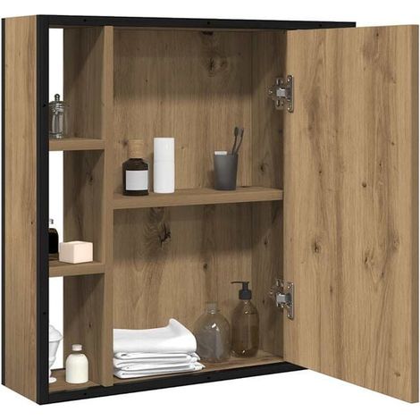 Armoire de Toilette avec Miroir en Bois Massif Chêne, Meuble de Salle de Bain Mural avec Étagères de Rangement, Design Moderne et Artisanal (1/5)