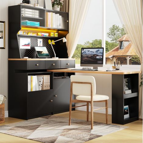 Haut meuble bureau et bar avec LED, portes en verre, étagères réglables, noir, OKWISH (1/5)