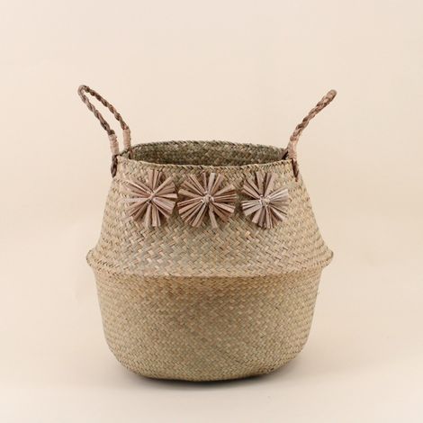 Panier en osier avec pompons 38x33cm