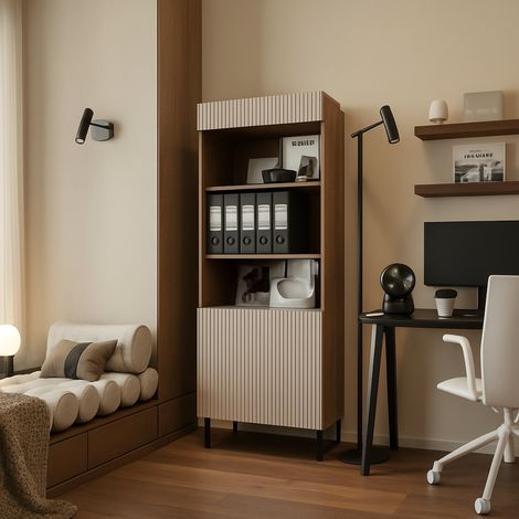 Librería Agri, estantería con compartimentos abiertos y puerta, diseño moderno y minimalista, 185x42 h60 cm, nogal y beige (1/5)