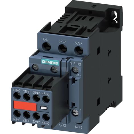 Siemens Contactor, AC-3e, 25 A/11 kW/400V, 3 polos, DC 24V, 2N/A+2N/C, Conexión por tornillo, 3RT20261BB443MA0
