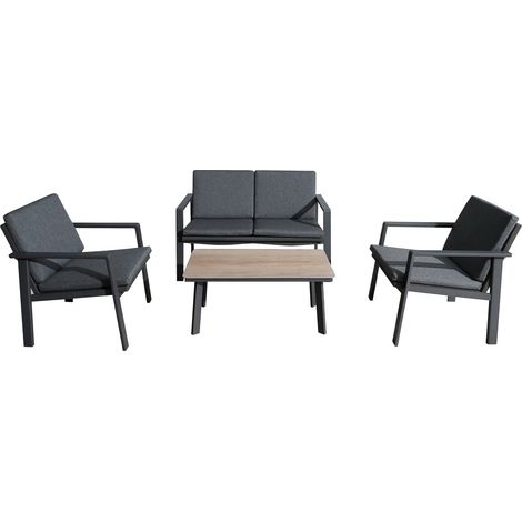 PROLOISIRS Set ensemble 4 pièces Sun en aluminium/SPC avec coussins - graphite/oak/gris