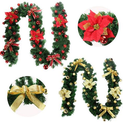 2 pièces Guirlande de Noël de 2,7 m avec fleurs dorées, décoration de Noël, lampes LED, décoration de vacances pour escaliers, murs, portes (1/5)
