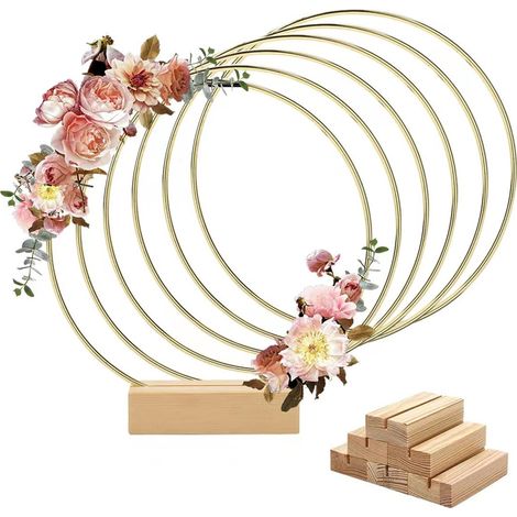 6er-Pack 30 cm große Blumenringe aus Metall mit Holzständer für den Tisch, goldene Kranzringe zur Herstellung von Tischkranz-Dekorationen für Hochzeiten (1/5)