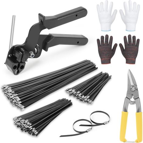 Stainless steel cable tie gun set, with 300 pieces of black metal sliding ties, adjustable fastening tie cutting tool set