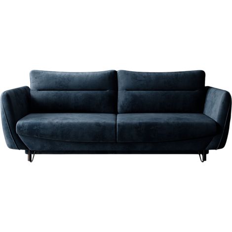 Canapé droit convertible velours ZURIK - Coffre de rangement et pieds métal noir-Bleu (1/5)