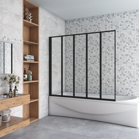SKY Bathroom 1200x1400mm New Matt Black Framed 5 Folding Pivot Shower Bath Screen Panel (1/5)