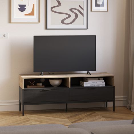Meuble TV 2 tiroirs 2 niches 140x40x55 cm décor chêne et noir - NANGY (1/5)
