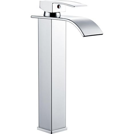 Mitigeur de lavabo haut, mitigeur cascade sur plan, robinet carré haut, monobloc, en acier inoxydable chromé avec flexibles G1/2", installation monotrou. (1/2)