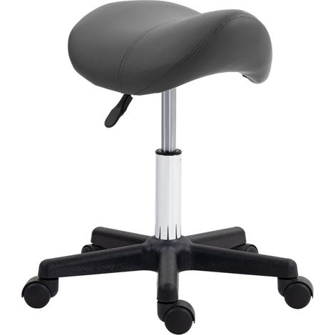 Taburete con ruedas ergonómico, asiento de sillín, regulable 360°, polipiel gris, 45-59 cm (1/5)