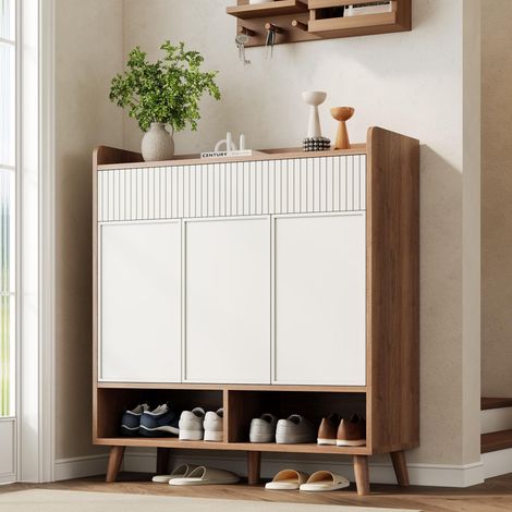 Scarpiera scandinava con 3 ante e 2 cassetti - Mobile ingresso bianco e rovere con piedi in legno - Contenitore con ripiani regolabili - 90 x 35 x 100 cm