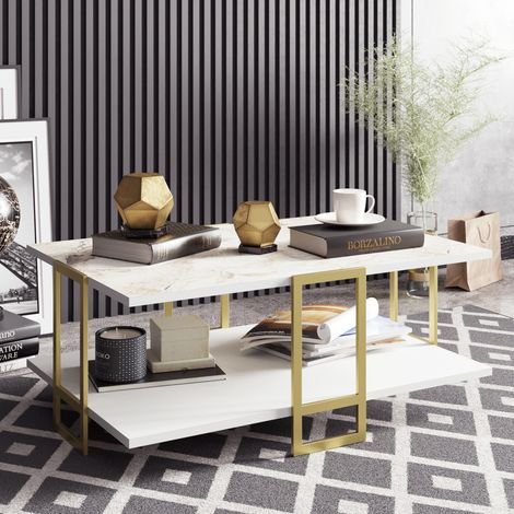 Decorotika Polka Modern Table Basse Cocktail Table For Living Room Table Large Storage Space Tea Table Accent Table industrial Design - Blanc Marble And Blanc And Doré(e) (1/3)