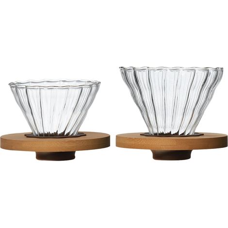 Ensemble de 2 verres à café filtrants (1 grand, 1 petit) avec motif côtelé et base en bambou, verre résistant à la chaleur, pour 1-2 et 1-4 tasses de café (1/5)