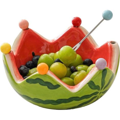 Ciotola da frutta in ceramica a forma di anguria con 6 forchette in acciaio inox, ciotole decorative per snack e antipasti, combinazione di colori rosso e verde, dimensioni: (1/5)