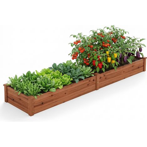 Jardinière Surélevée Rectangulaire en Bois de Sapin Base Ouverte 240x60x25CM, Lit de Jardin Facile à Assembler pour Culture Fruits Légumes, Marron (1/5)