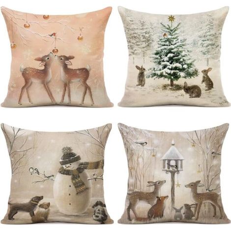 ALLIANDISHousse Coussin Noel 45x45 Lot de 4 Housse Coussin 40x40 père Noël Wapiti Coton et Lin Décoratif Taie d'oreiller pour Decoration Noel 45x 45cm (1/4)