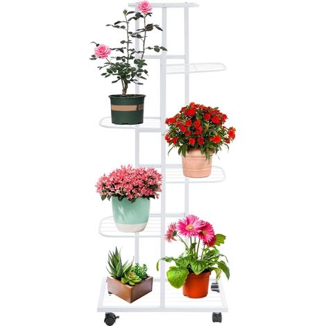 Étagère à plantes avec roulettes - 6 étages - En métal - 112 cm de haut - Pour terrasse, jardin, balcon - Blanc (1/5)