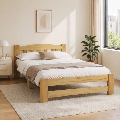 Letto singolo 90x200 cm in legno naturale con testiera e rete a doghe, senza materasso - CHICFURN (1/5)