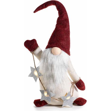 Decorazione Babbo Natale gnomo in stoffa con barba lunga e filo di luci LED a stella, cm 22x15x58 H (capp.esteso)