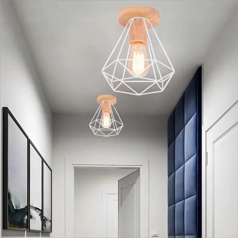 Fusion 2pcs Ø20cm Plafonnier diamant Blanc coupelle en bois base, sans abat-jour, Lustre de plafond design moderne pour Cuisine (1/4)