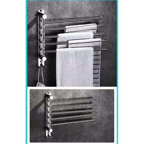 GROOFOO Porte-Serviette Pivotant Mural En Acier Inoxydable - 5 Tiges - Avec Crochet et Capuchon Antidérapant - Étanche - Argenté - Pour Salle de Bain, Cuisine, Salle de Bain