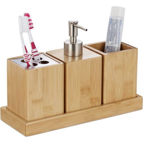 Accessoires Salle De Bain - Lot De 4 En Bambou - Distributeur Savon 200 Ml Porte Brosse A Dents Gobelet Bol - Pour Lavabo - 4 Pièces (1/5)