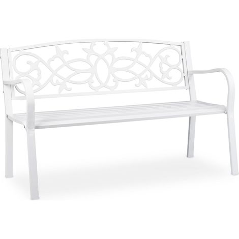 Relaxdays ornate garden bench, 2 seater, weatherproof, made of cast iron & steel, 124.5x58x78 cm (LxWxH), outdoor, white (1/5)