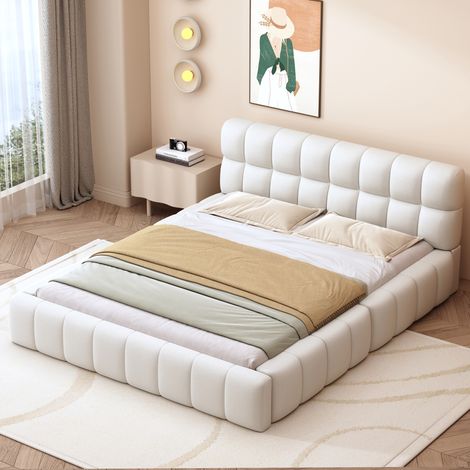 Cama adulto de 140x200 cm, cama adolescente, cama doble acolchada beige con cabecero mullido, base de láminas, lino, sin colchón (1/5)