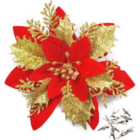 Set mit 10 glitzernden Weihnachtsblumen (14 cm) mit 10 künstlichen Weihnachtssternen für den Weihnachtsbaum, rot