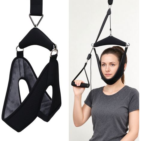 Dispositif de traction cervicale suspendu à la porte – Étireur de nuque – Hauteur réglable – Soulagement de la Douleur Cervicale – Noir (1/5)