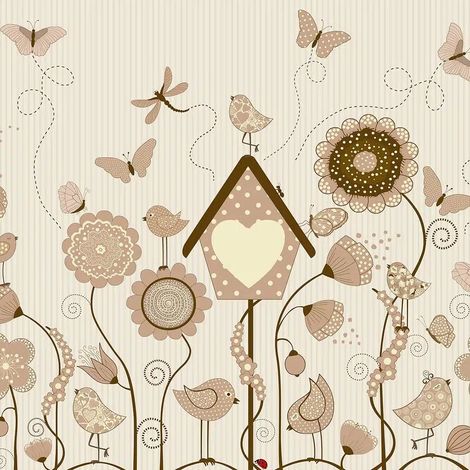 papier peint panoramique fleurs et oiseaux beige et marron - Sanders & Sanders (1/5)