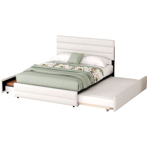 Lit plateforme en lin beige 140x200 cm avec tiroir-lit 90x190 cm et 2 tiroirs de rangement (1/5)
