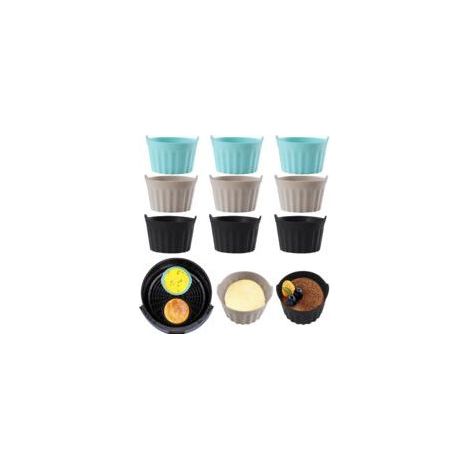 9-teiliges Silikon-Backform-Set für Heißluftfritteusen, flach, für Mafin-Ausstechformen, Kuchenformen, Eierkuchenformen, Zubehör für Heißluftfritteusen, Silikon-Backformen, Schwarz + Grau + Blau (1/5)