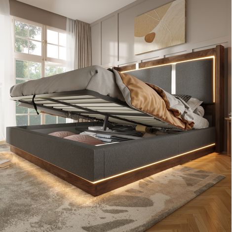 Cama doble con LED y arcón (209x176x110 cm), elevación hidráulica, con somier, lino, madera y metal gris y nogal (1/5)