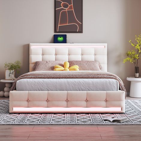 Letto con cassetti Letto imbottito 140x200 cm e 2 postazioni di ricarica USB. GUIDATO. Testiera in tessuto di lino. Beige (1/5)