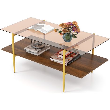 COSTWAY 2-Tier Glass Coffee Table Rectangle Center Table w/Storage Shelf-Brown (1/5)
