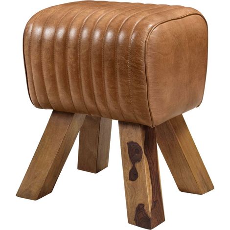Tabouret en cuir marron et bois de manguier - MORENA (1/5)