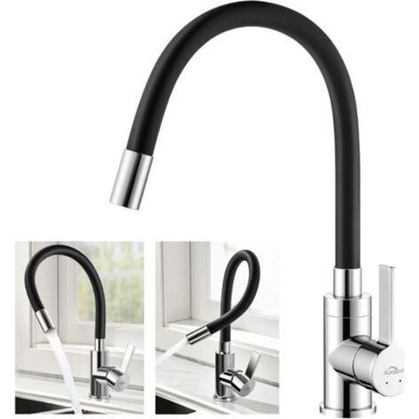 [JAMAIS UTILISÉ] Robinet de Cuisine Flexible Bec Haut Orientable Librement Mitigeur Évier Flexible Laiton Chromé et Noir Robinet Evier Monotrou à Eau Chaude et Froide (1/4)