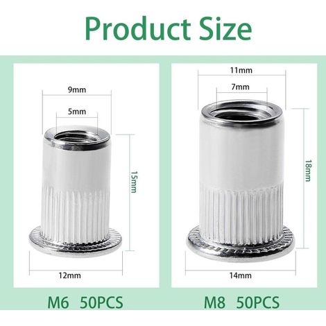 100PCS Ecrou Rivet Ecrous M6,M8 en acier inoxydable Ecrous à insert fileté Rivnuts Capuchon de rivet à tête plate et filetée (M6M8) (1/3)