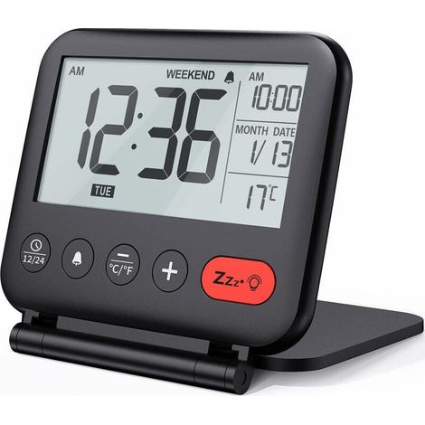 Mini reloj despertador digital LCD portátil para viajes con calendario retroiluminado de 12/24 horas, indicador de temperatura, espejo de maquillaje, pequeño reloj de escritorio plegable que funciona (1/5)