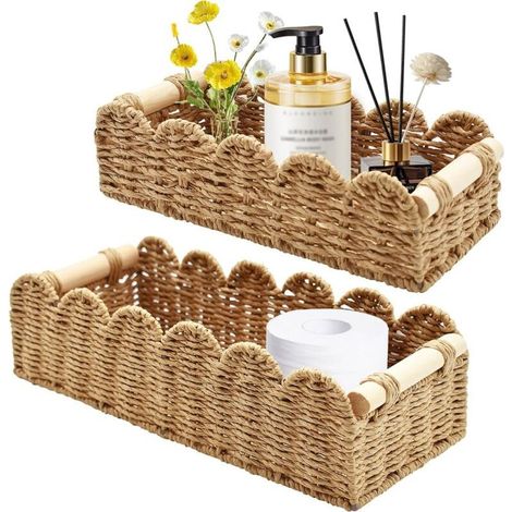 2 Pièces Panier Rangement Osier, Corbeille Rangement Papier Toilette Tressé avec Poignées en Bois, Boite Rotin pour Cuisine, Salle de Bain, Décor Maison (1/5)
