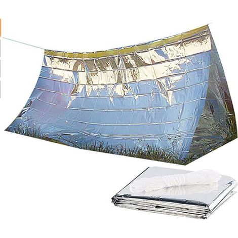Couverture de survie 3 en 1, tente et sac de couchage, protection thermique imperméable et réfléchissante en Mylar, équipement de survie pour le camping et la randonnée (1/5)