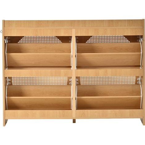 Moderner Schuhschrank 120 x 24 x 90 cm aus MDF mit 4 Klappen und 2 Haken, Natur (1/5)