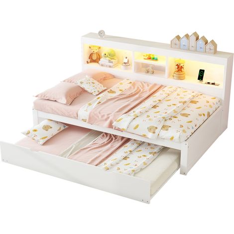 Canapé-lit 90 x 200 cm avec éclairage LED d’ambiance, lit gigogne, rangement latéral, prises USB et secteur, blanc, pour chambre enfant – CHICFURN (1/5)