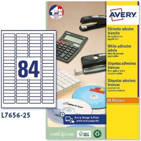 Avery L7656-25 Etiquetas Adhesivas Mini, 84 Etiquetas por Hoja, 25 Hojas, 46 x 11,1 mm, Blanco